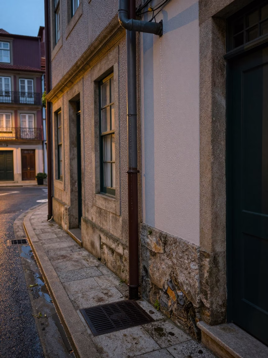 Evening Street Scene in Porto Portugal with Condensation on Drain and Soap Residue in in Porto, Portugal