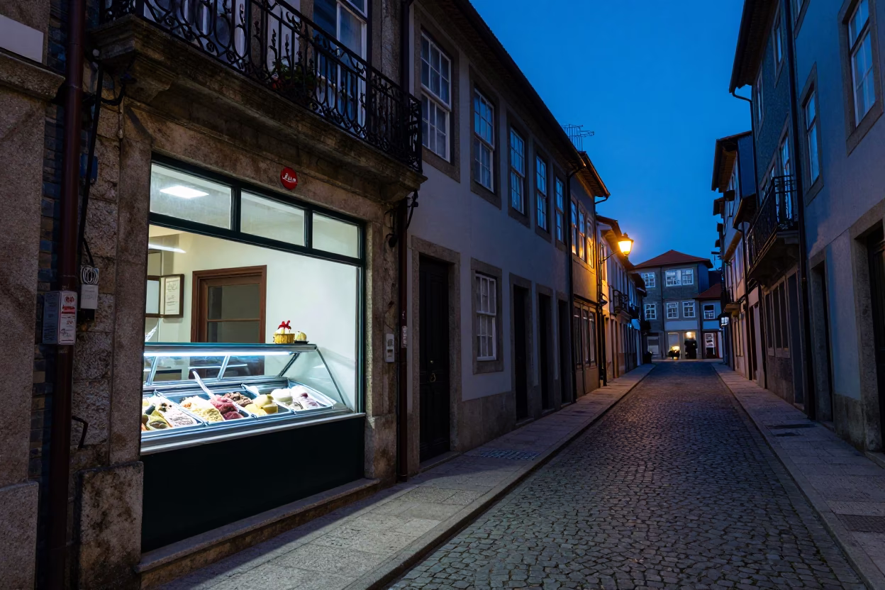 Evening Street Scene in Porto Portugal with Gelato Display and Traditional Architecture in in Porto, Portugal