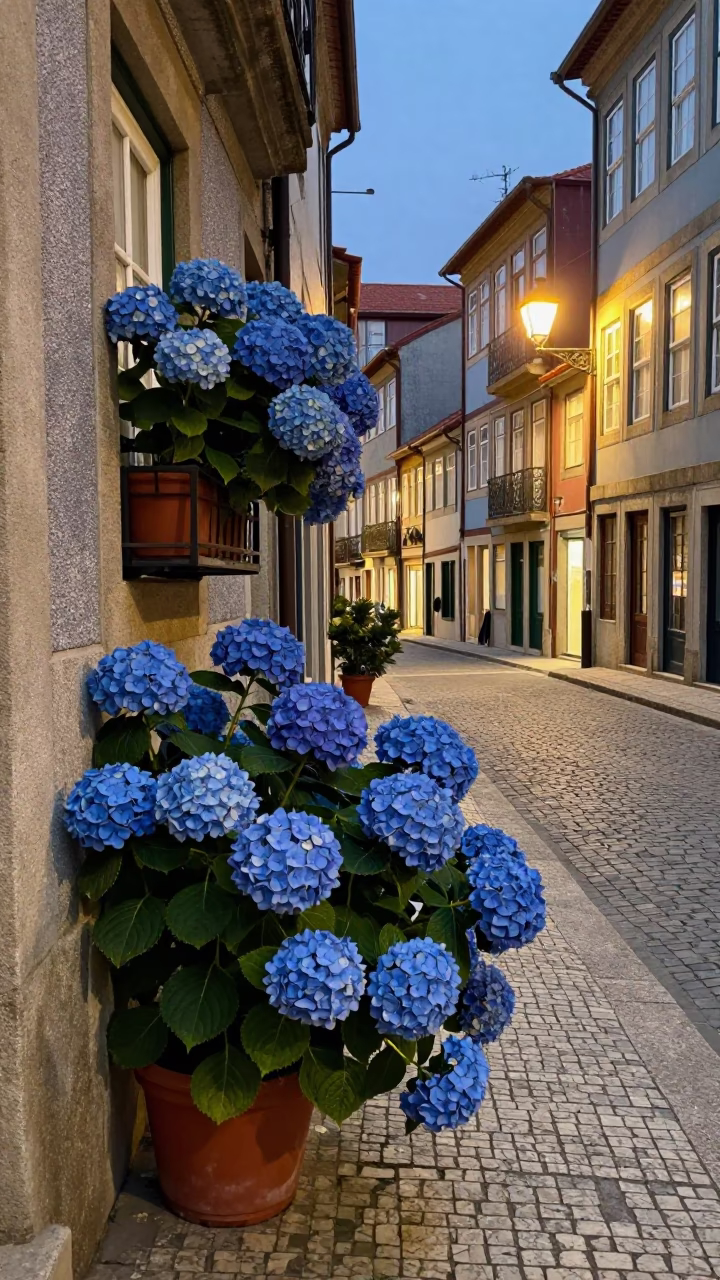 Evening Street Scene in Porto Portugal with Hydrangeas and Vintage Details in in Porto, Portugal