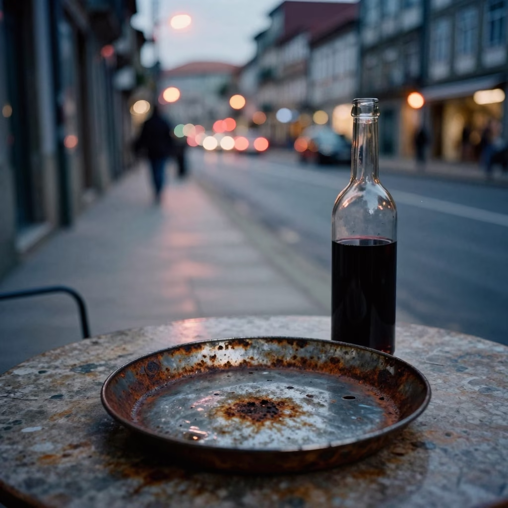 Evening Street Scene in Porto Portugal with Rusty Saucer and Wine Glass in in Porto, Portugal