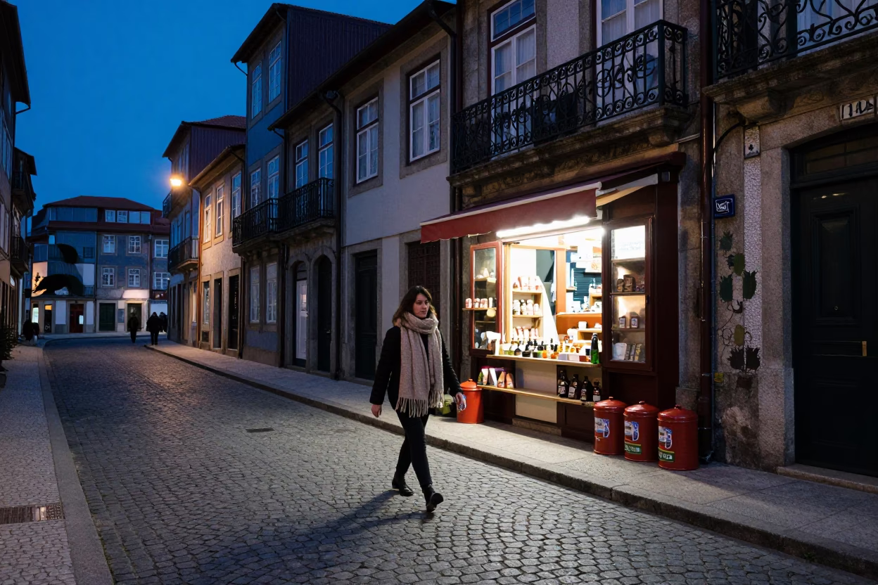 Evening Street Scene in Porto Portugal with Scarf and Canisters in in Porto, Portugal