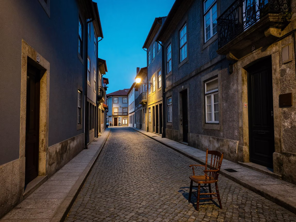 Evening Street Scene in Porto Portugal with Spindle Chair and Sweet Peas in in Porto, Portugal