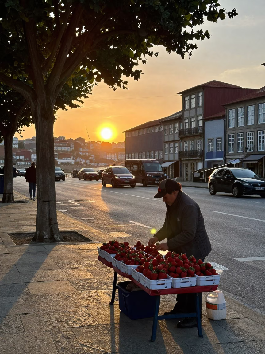 Evening Street Scene in Porto Portugal with Strawberry Vendor and Traditional Architecture in in Porto, Portugal