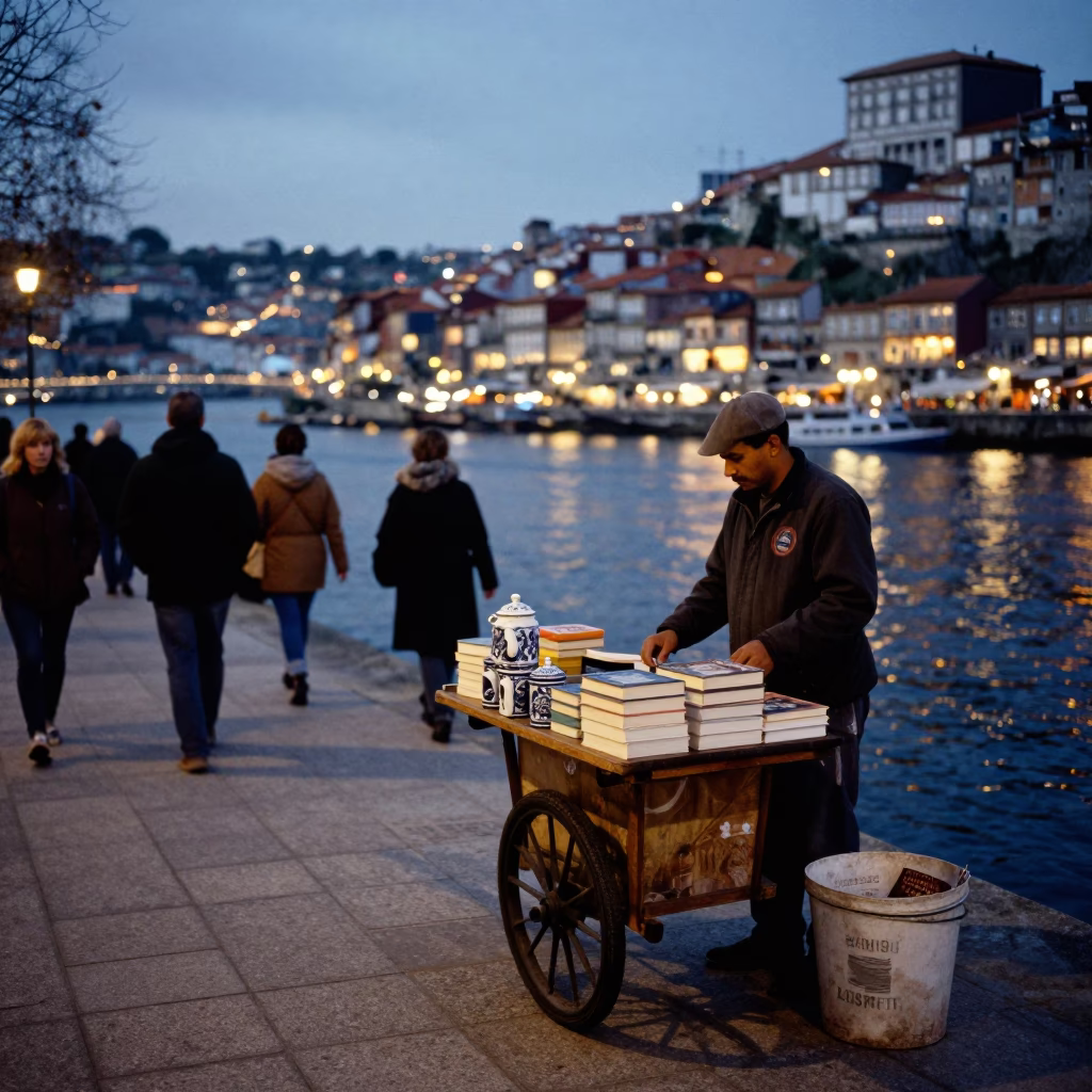 Evening Street Scene in Porto Portugal with Tea Canister and Paperbacks in in Porto, Portugal