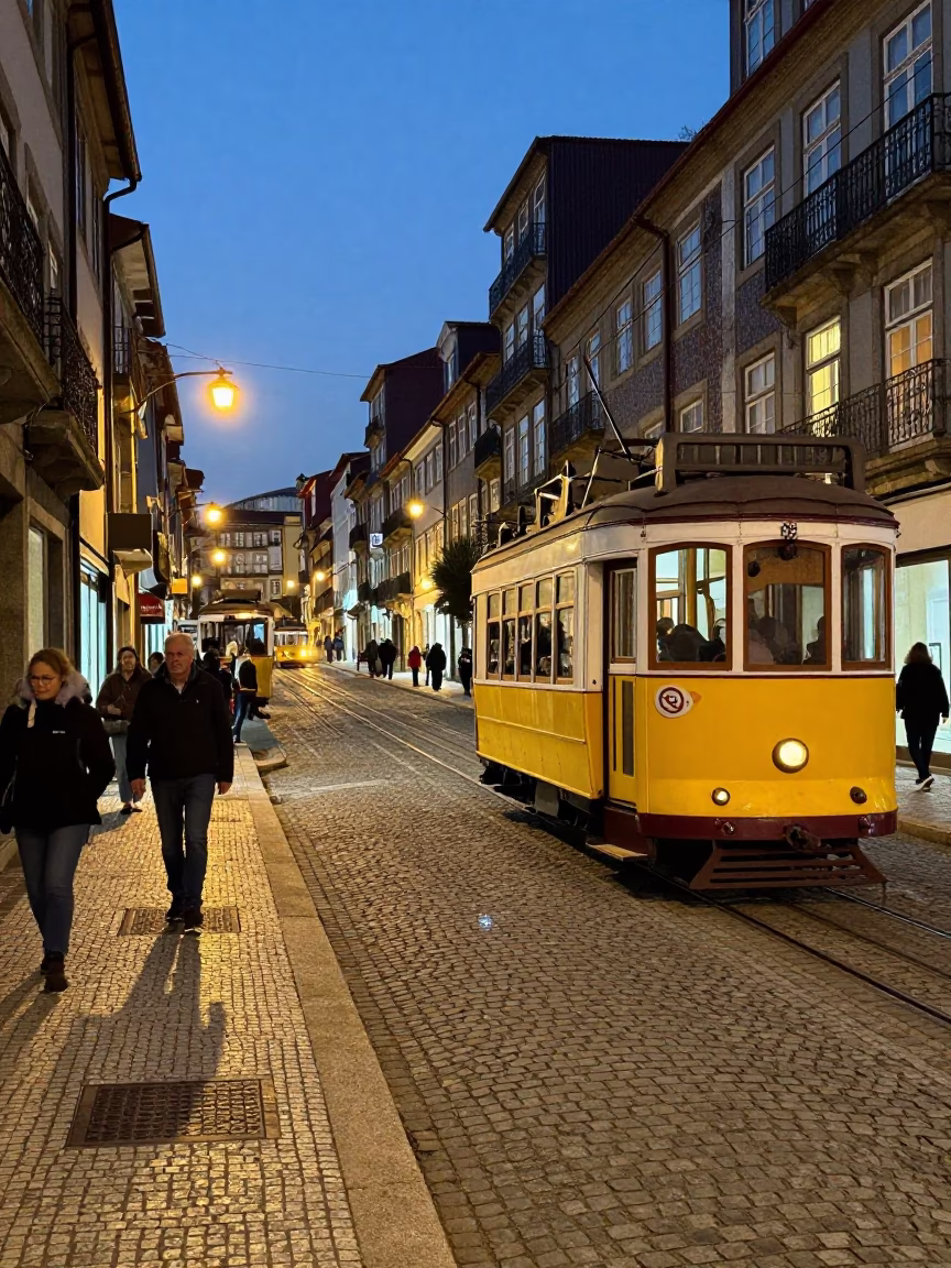 Evening Street Scene in Porto Portugal with Traditional Tram and Cobblestone Plaza in in Porto, Portugal