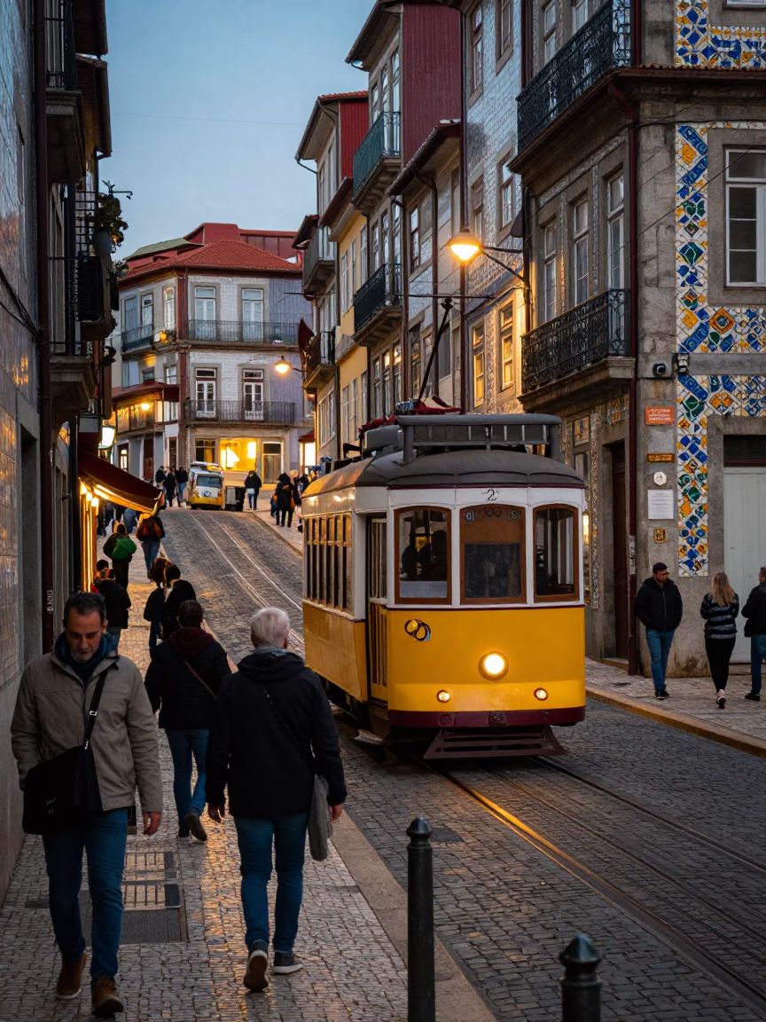 Evening Street Scene in Porto Portugal with Tram and Colorful Tiles in in Porto, Portugal