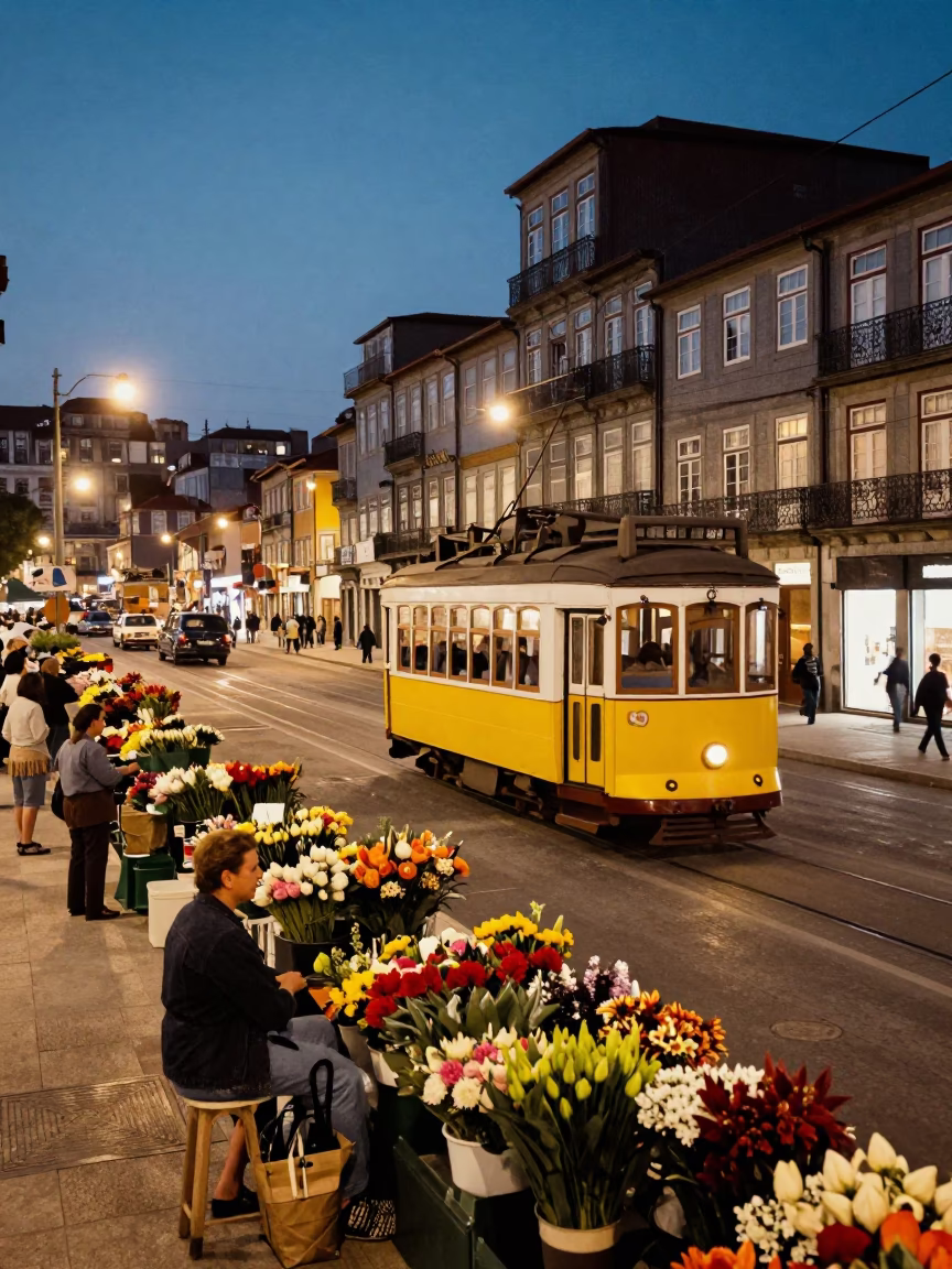 Evening Street Scene in Porto Portugal with Tram and Flower Market in in Porto, Portugal