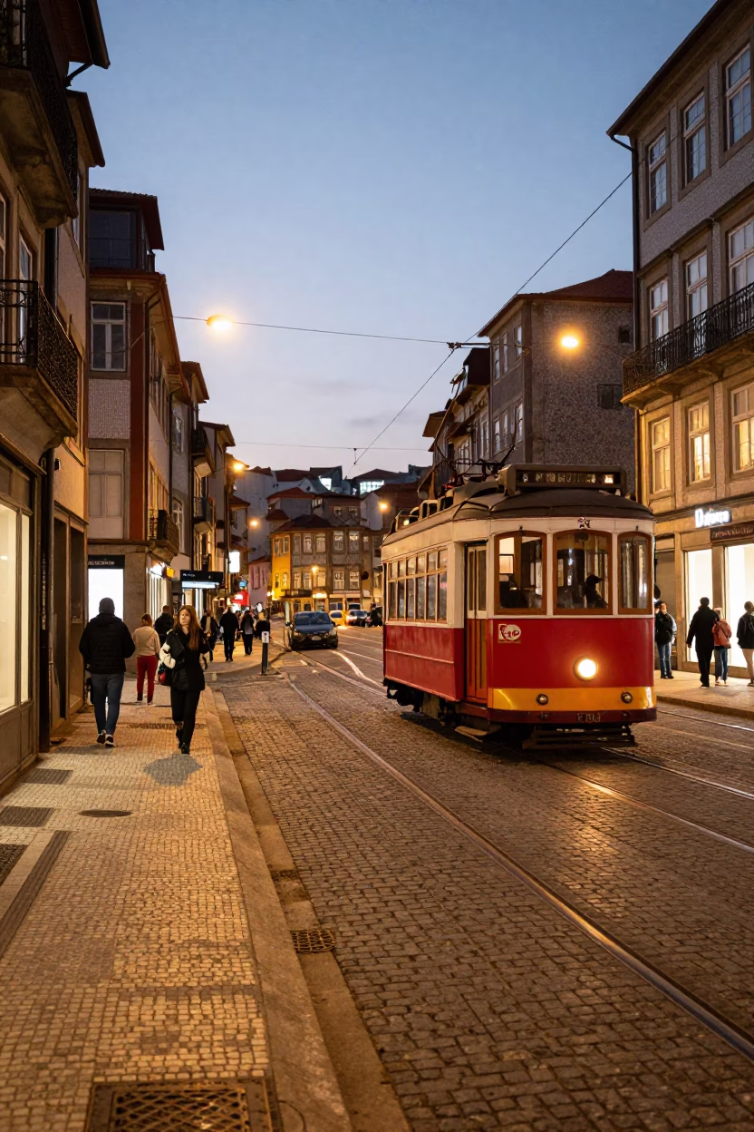 Evening Street Scene in Porto Portugal with Tram and Historic Architecture in in Porto, Portugal