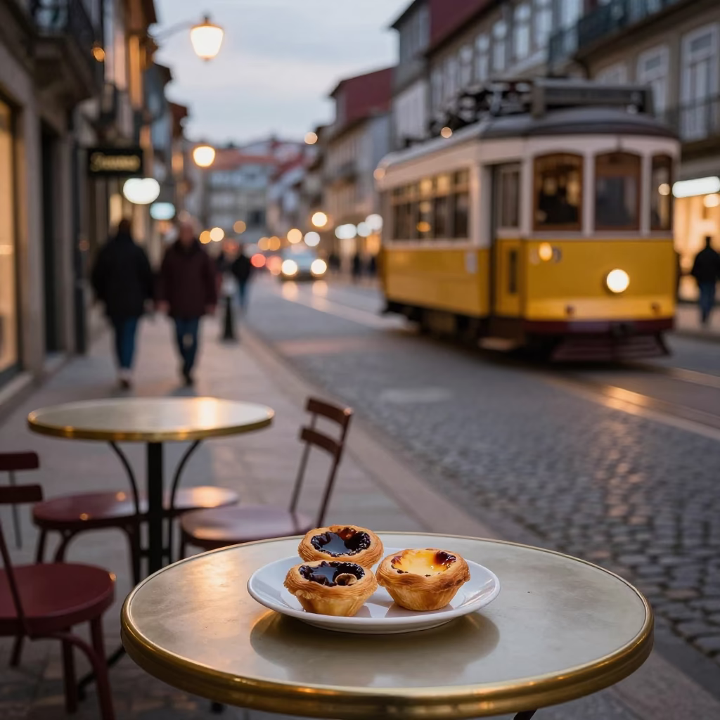 Evening Street Scene in Porto Portugal with Tram and Traditional Pastries in in Porto, Portugal