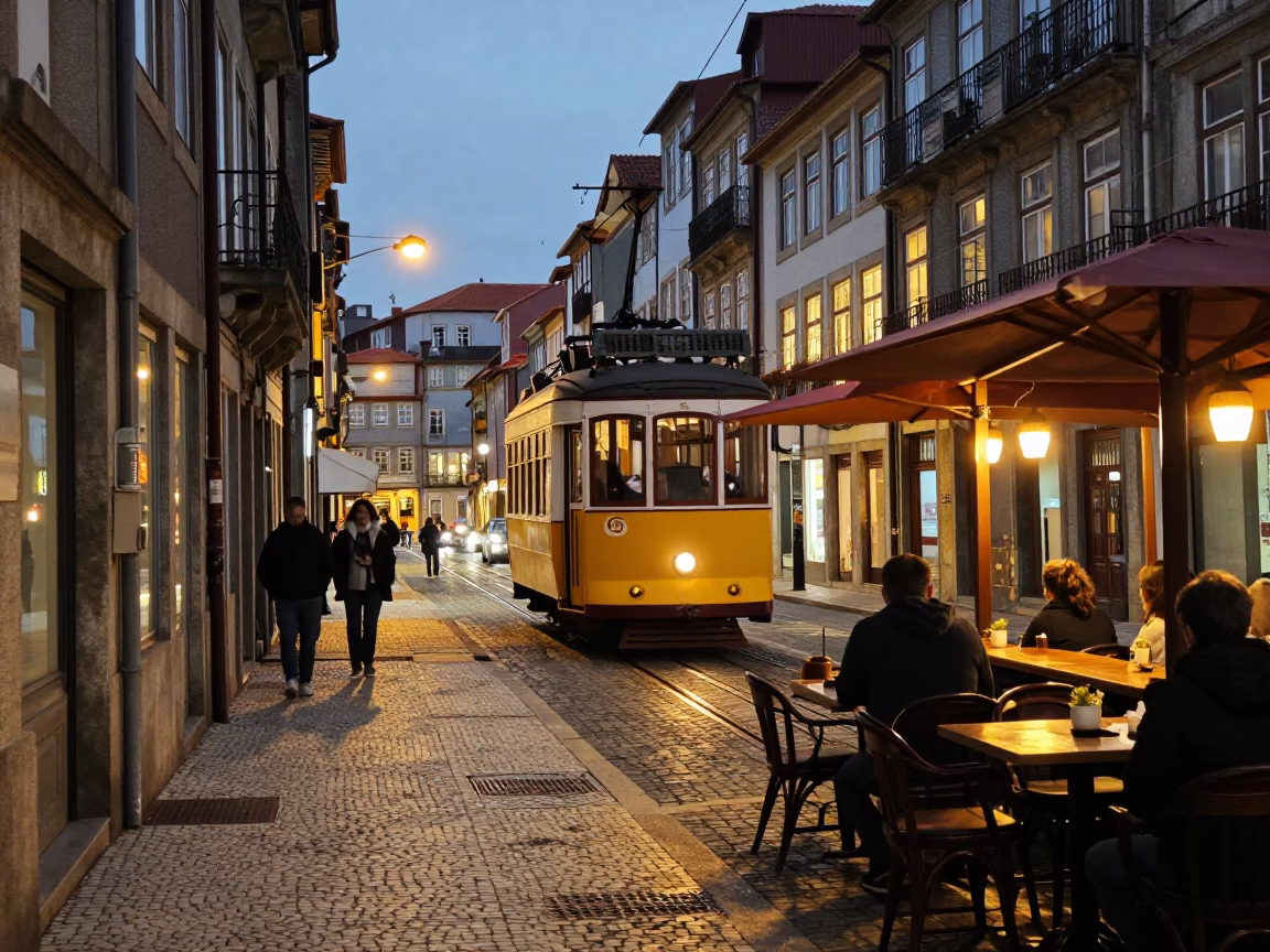 Evening Street Scene in Porto Portugal with Tram Gondola and Cafe Life in in Porto, Portugal