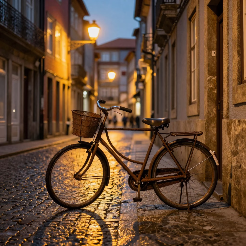 Evening Street Scene in Porto Portugal with Vintage Bicycle and Warm City Lights in in Porto, Portugal