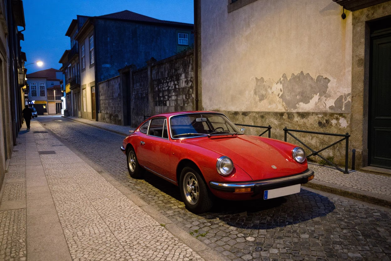 Evening Street Scene in Porto Portugal with Vintage Red Sports Car and Peg Rail in in Porto, Portugal