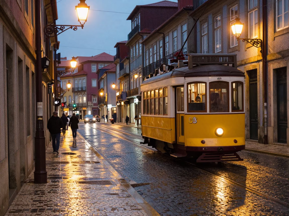 Evening street scene in Porto Portugal with vintage tram and colorful architecture in in Porto, Portugal
