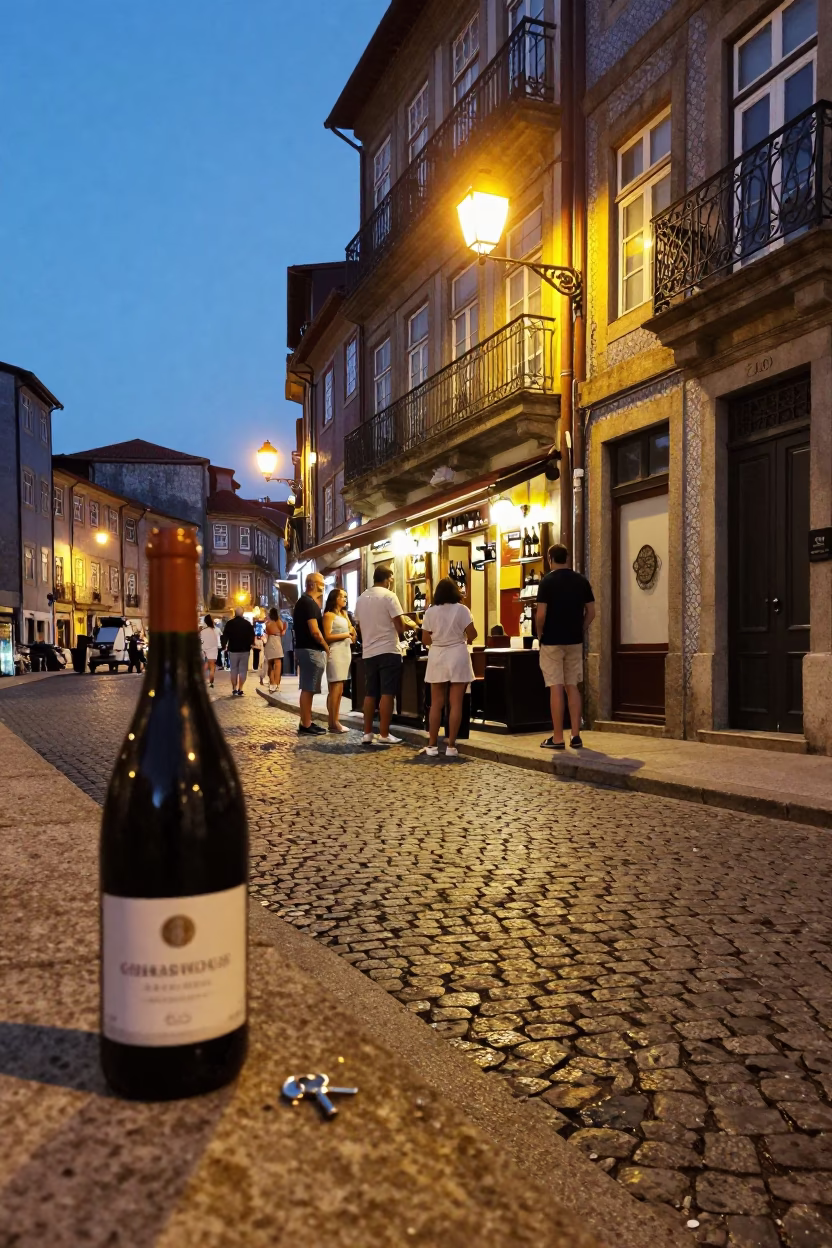Evening Street Scene in Porto Portugal with Wine Bottle and Key in in Porto, Portugal