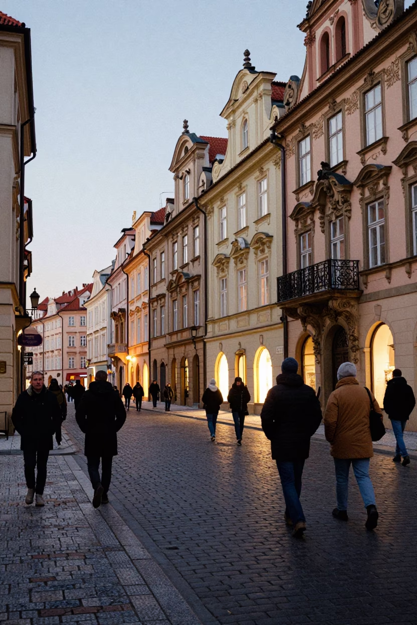 Evening Street Scene in Prague Czech Republic with Cobblestones and Historic Architecture in in Prague, Czech Republic