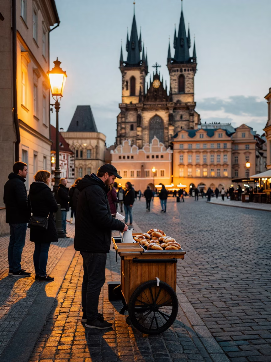 Evening Street Scene in Prague Czech Republic with Enamel Pitcher and Tool Caddies in in Prague, Czech Republic