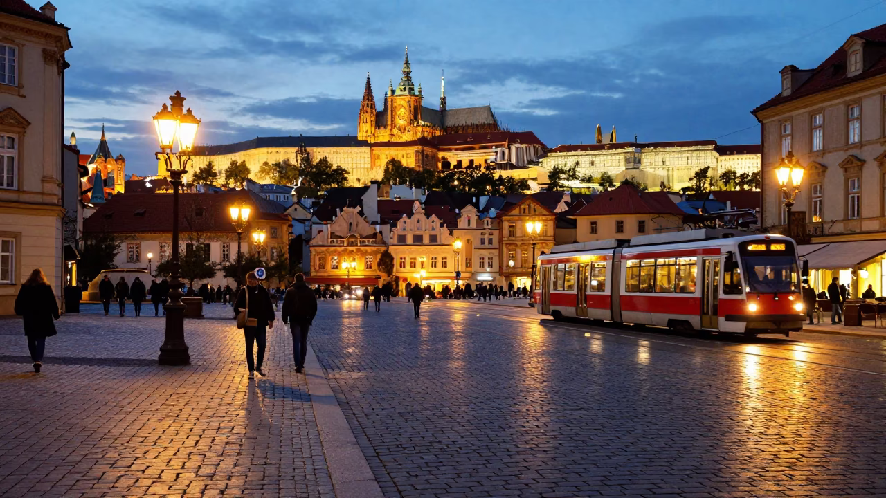 Evening Street Scene in Prague Czech Republic with Glowing City Lights and Urban Activity in in Prague, Czech Republic