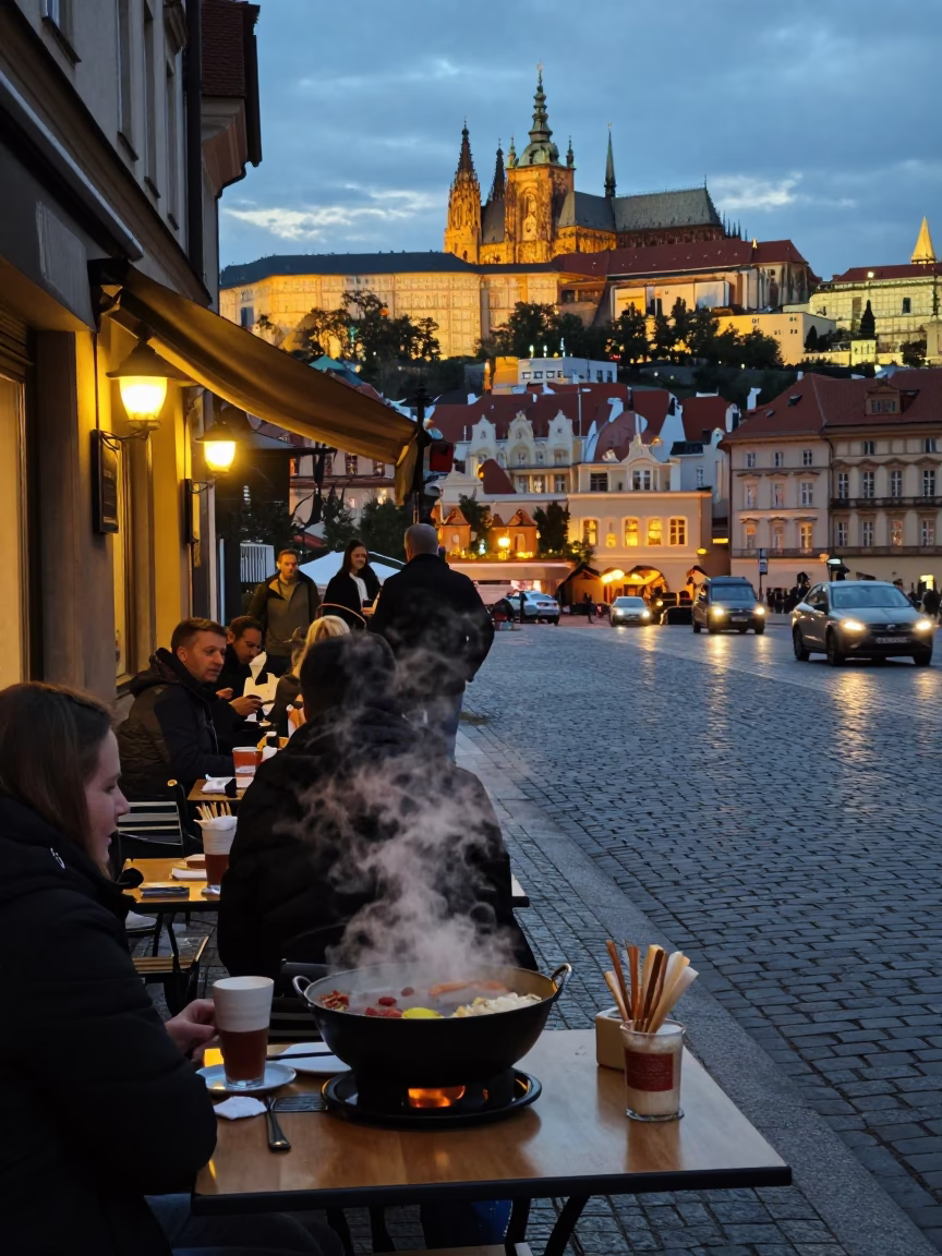 Evening Street Scene in Prague Czech Republic with Local Diner and City Lights in in Prague, Czech Republic