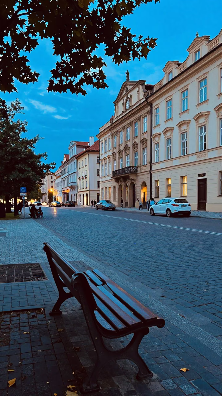 Evening Street Scene in Prague Czech Republic with Park Bench and Leaf Shadows in in Prague, Czech Republic