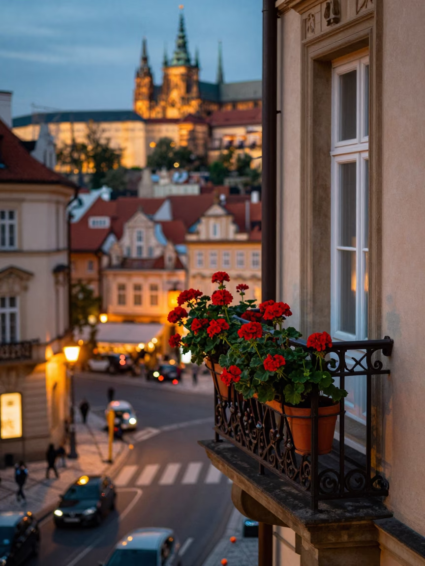 Evening Street Scene in Prague Czech Republic with Potted Geraniums on Balcony in in Prague, Czech Republic