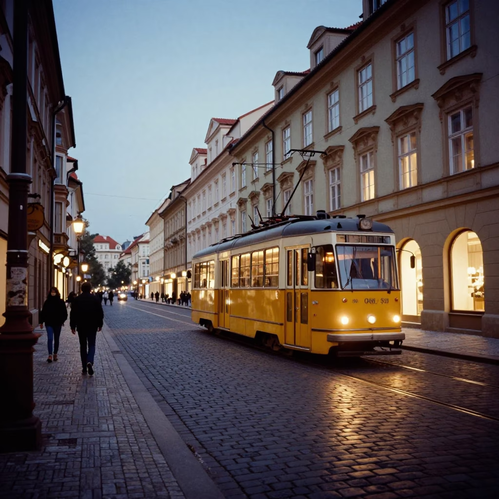 Evening street scene in Prague Czech Republic with vintage tram and glowing shop windows in in Prague, Czech Republic