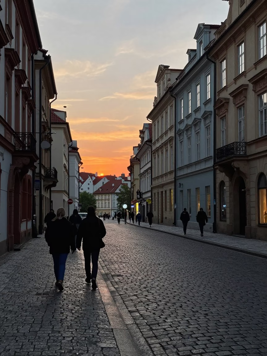 Evening Street Scene in Prague with Cobblestones and Historic Architecture at Sunset in in Prague, Czech Republic