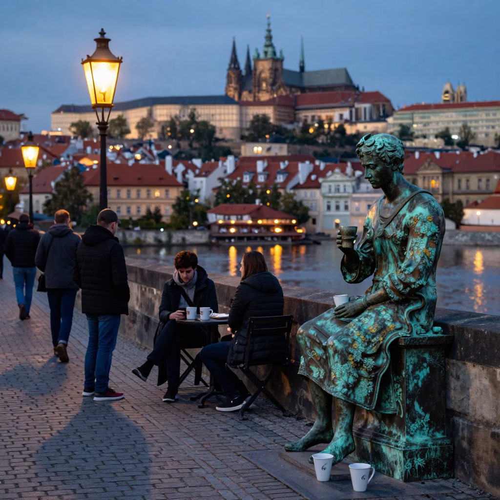 Evening Street Scene in Prague with Coffee Mugs and Bronze Plaques in in Prague, Czech Republic
