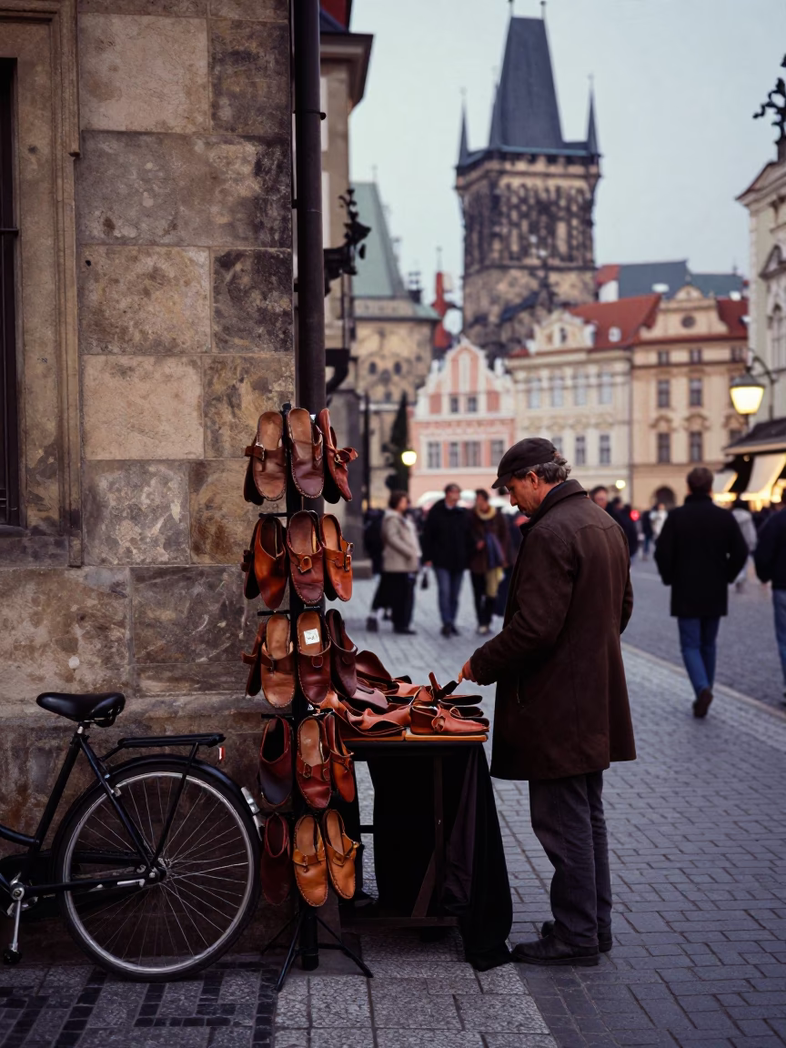 Evening Street Scene in Prague with Leather Goods and Bicycle in in Prague, Czech Republic