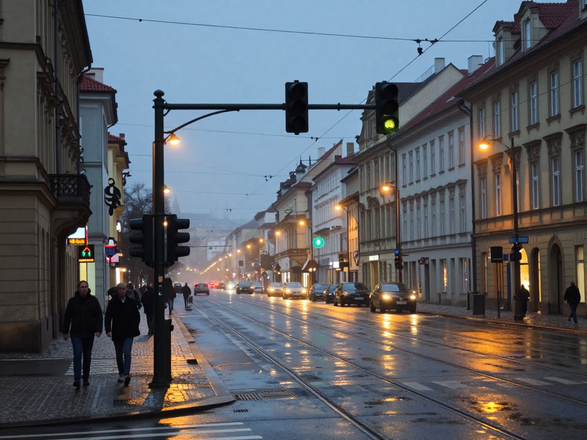 Evening Street Scene in Prague With Signal Gantry and Wet Rails in in Prague, Czech Republic