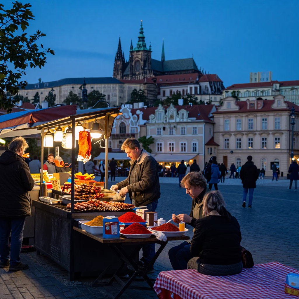 Evening Street Scene in Prague with Suya Skewers and Picnic Blanket in in Prague, Czech Republic