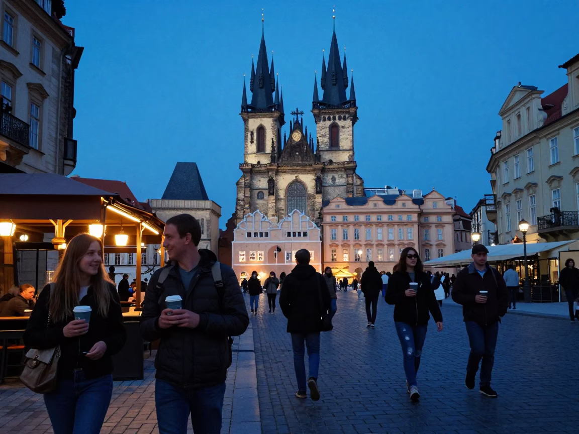Evening street scene in Prague with tourists holding coffee cups near historic architecture in in Prague, Czech Republic