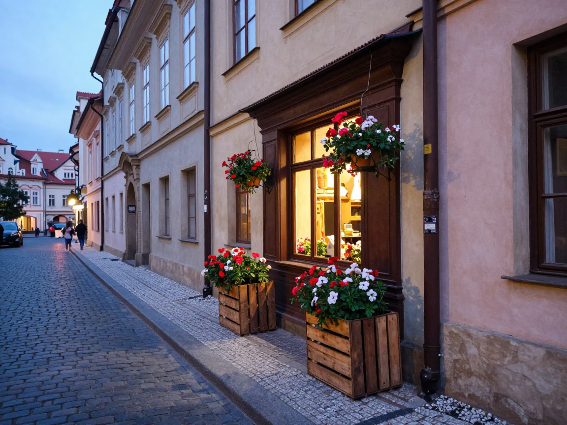 Evening Street Scene in Prague with Vintage Crate and Flowering Plant in in Prague, Czech Republic