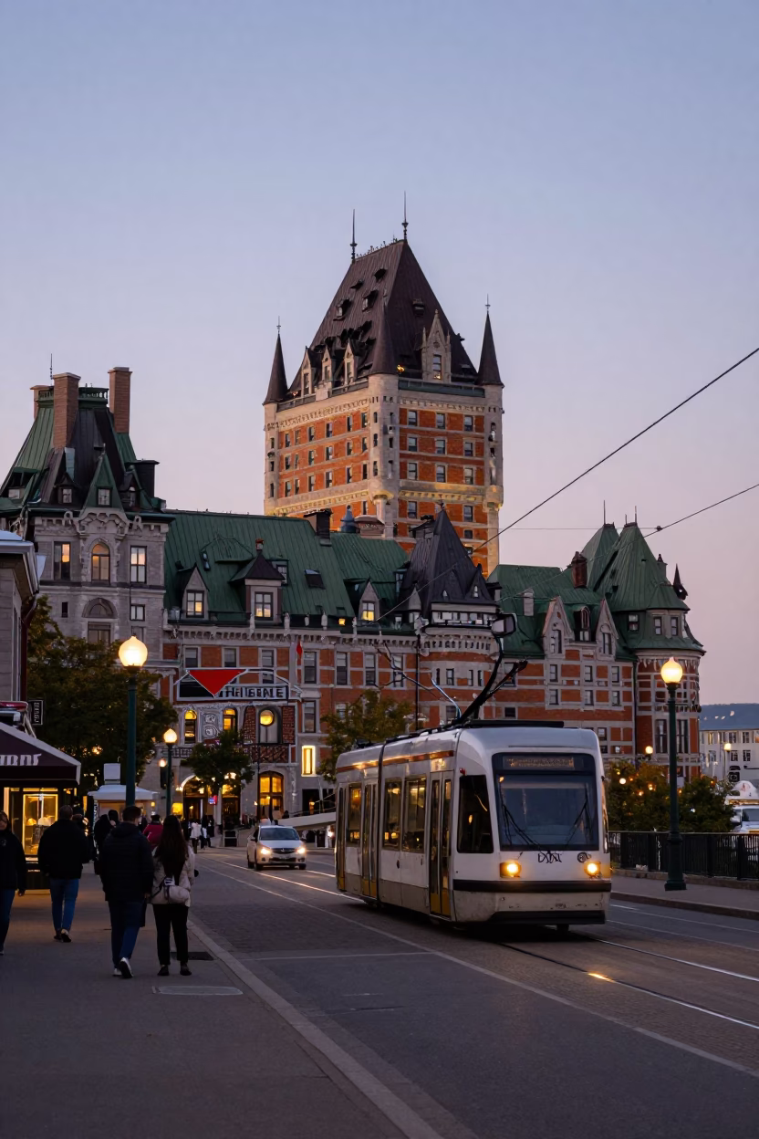 Evening street scene in Quebec City featuring a tramway and historic stone architecture in in Quebec City, Quebec, Canada
