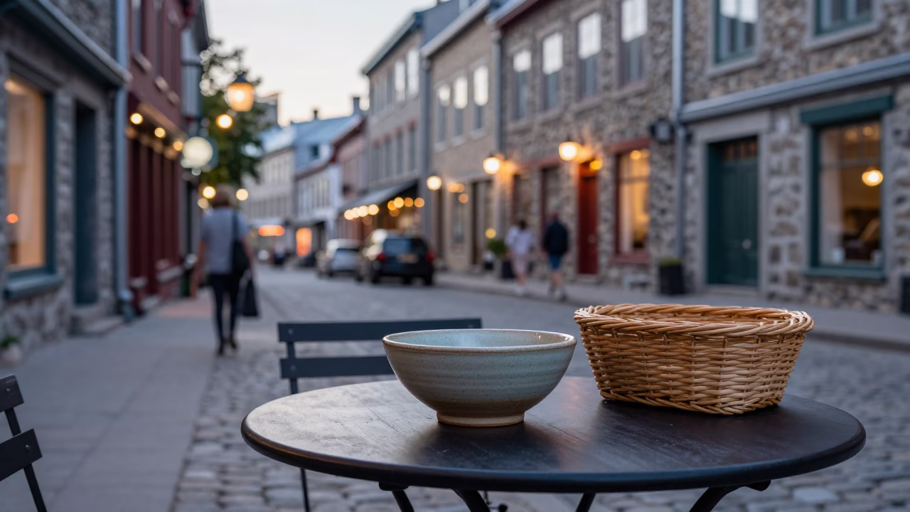 Evening Street Scene in Quebec City Featuring Ceramic Bowl and Basket in in Quebec City, Quebec, Canada