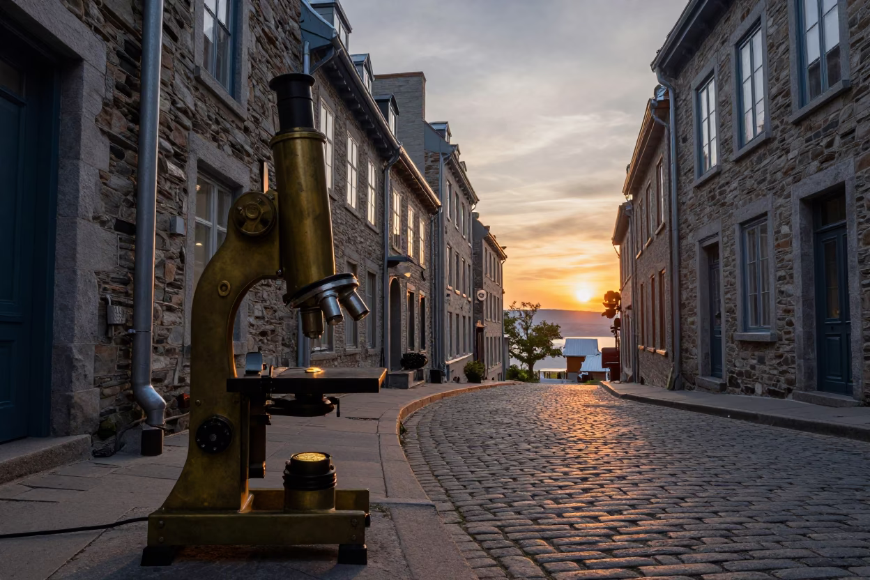 Evening Street Scene in Quebec City with Antique Brass Microscope on Cobblestone in in Quebec City, Quebec, Canada