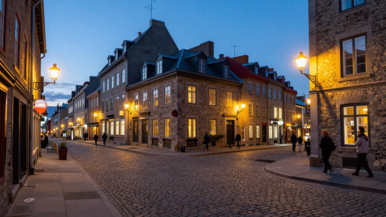 Evening Street Scene in Quebec City With Cobblestones And City Lights Glowing in in Quebec City, Quebec, Canada