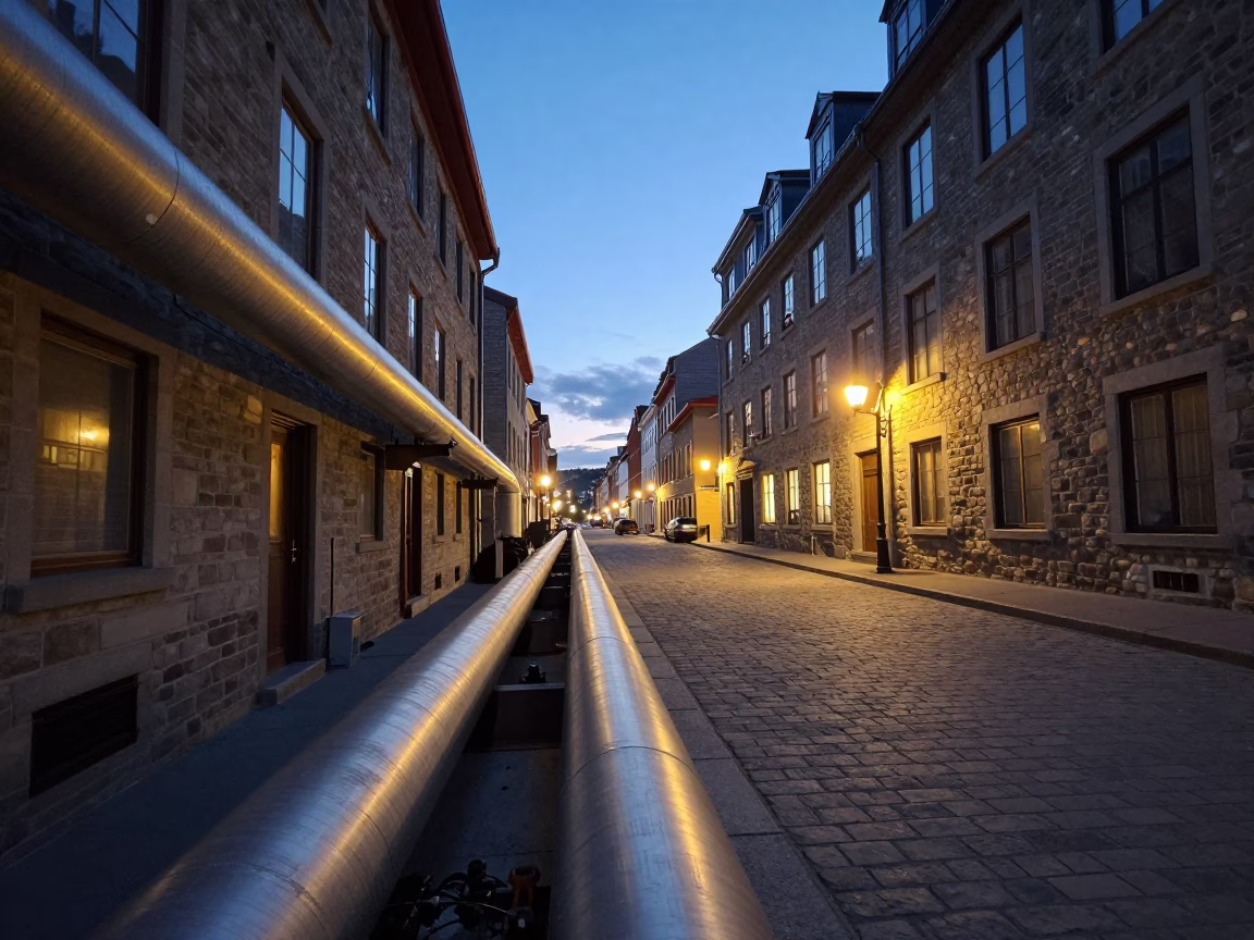 Evening Street Scene in Quebec City with District Heating Pipes and Urban Architecture in in Quebec City, Quebec, Canada