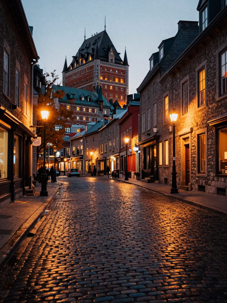 Evening Street Scene in Quebec City with Glowing Windows and Autumn Leaves in in Quebec City, Quebec, Canada