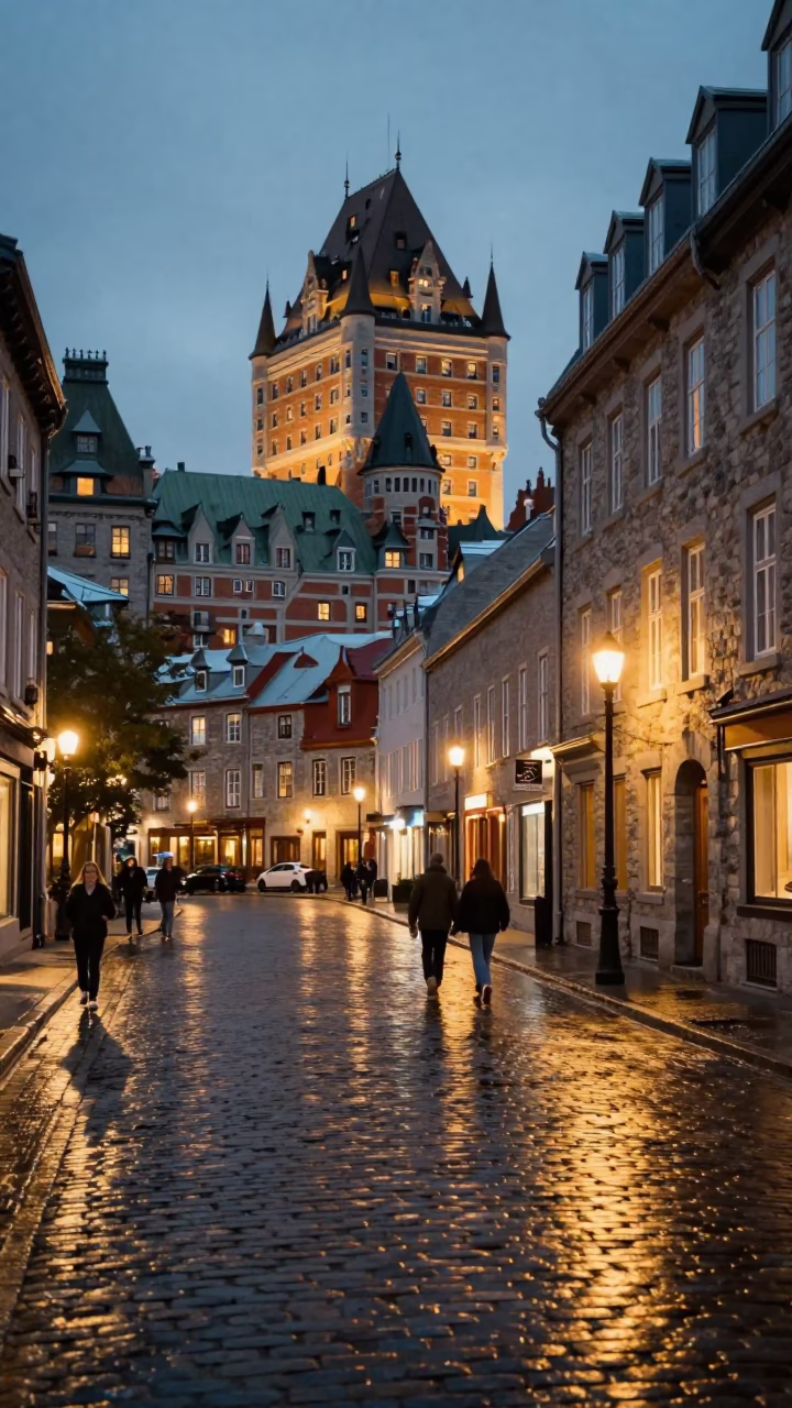 Evening Street Scene in Quebec City with Historic Stone Architecture and Urban Lights in in Quebec City, Quebec, Canada