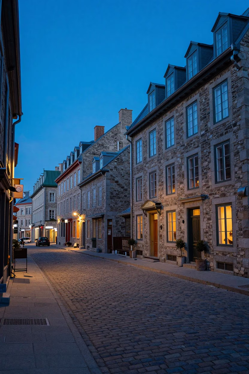 Evening street scene in Quebec City with historic stone buildings and pedestrians in in Quebec City, Quebec, Canada