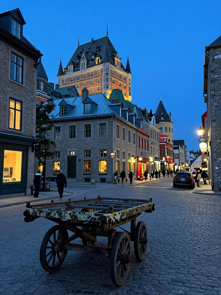 Evening Street Scene in Quebec City with Rolling Carts and Lichen-Encrusted Boulder in in Quebec City, Quebec, Canada