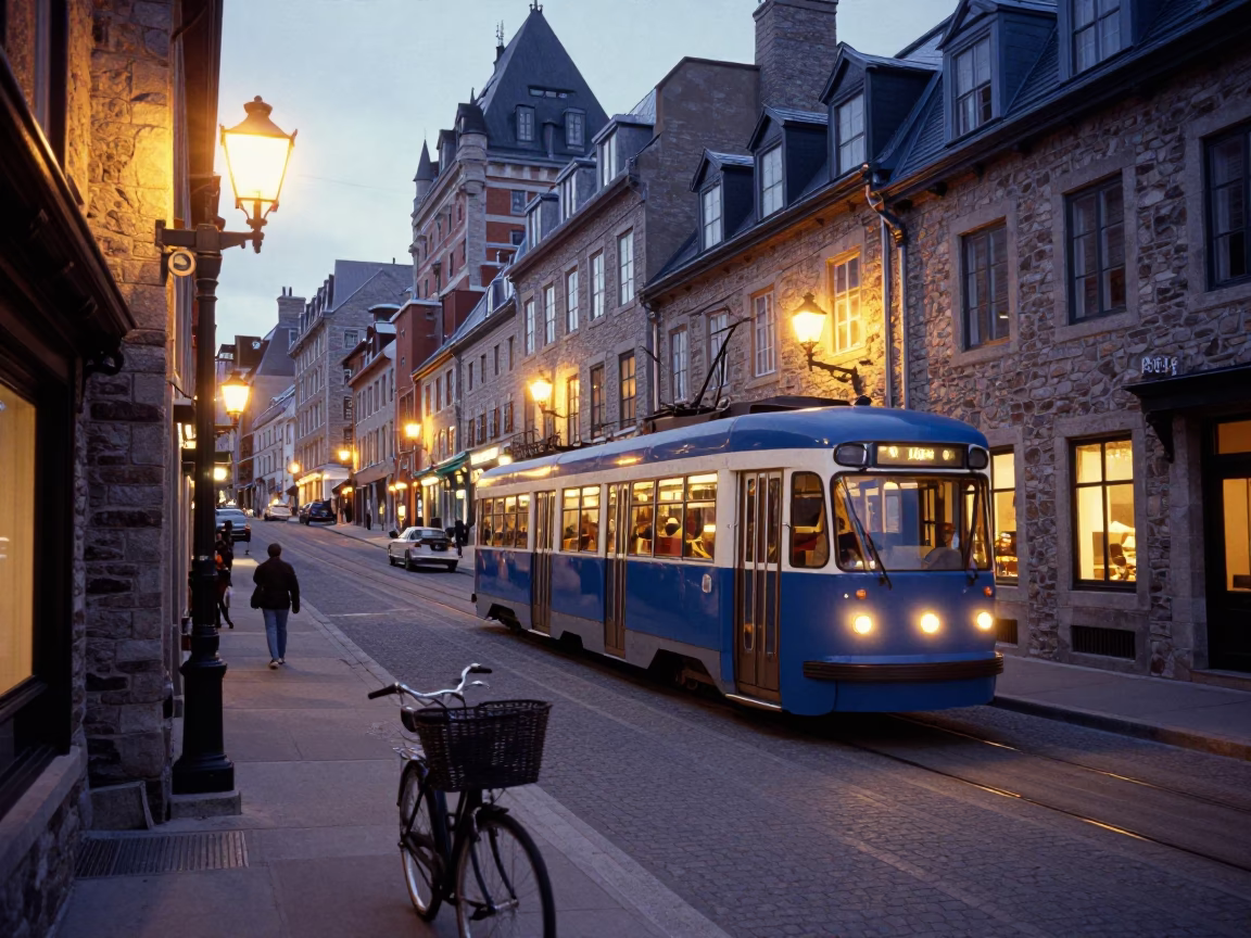 Evening Street Scene in Quebec City with Tram and Bicycle Basket in in Quebec City, Quebec, Canada