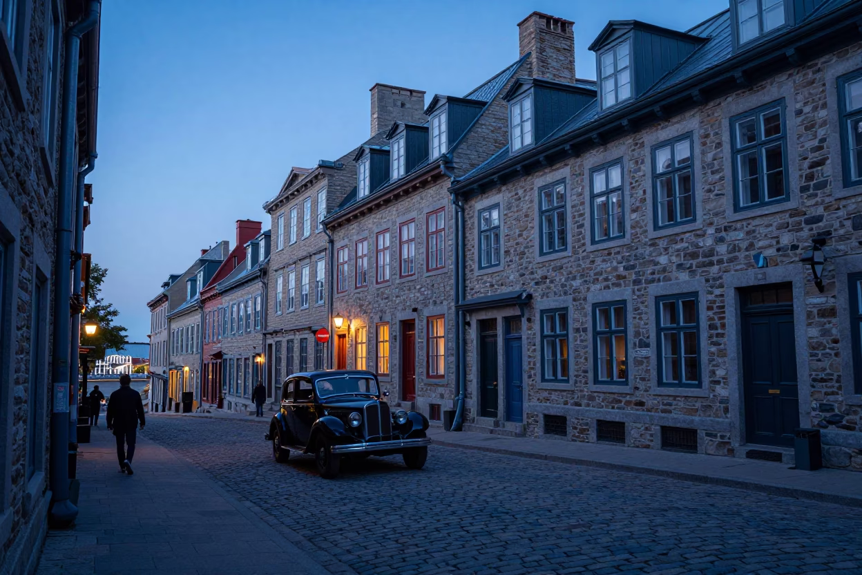 Evening Street Scene in Quebec City with Vintage Car and Historic Stone Architecture in in Quebec City, Quebec, Canada