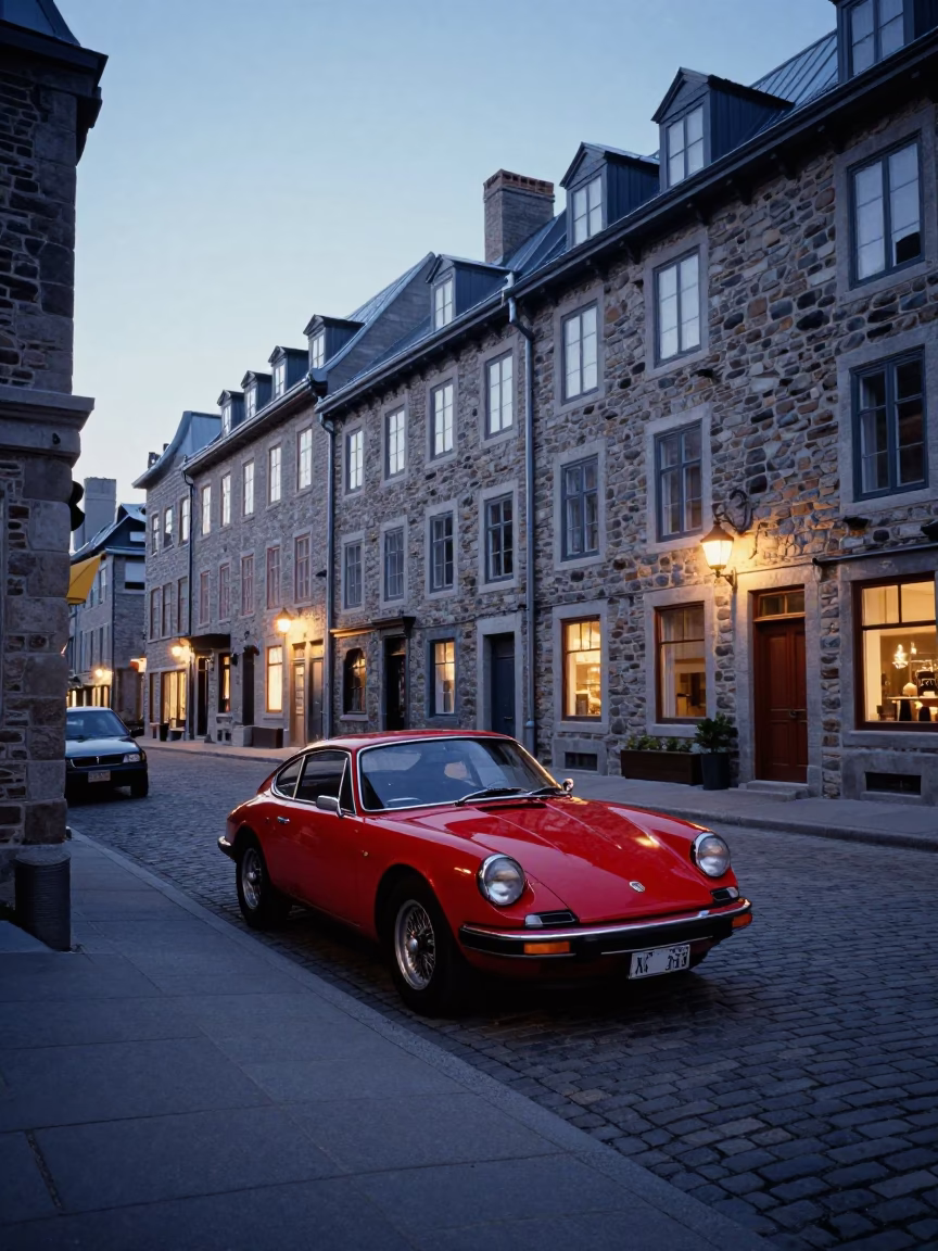 Evening Street Scene in Quebec City with Vintage Sports Car and Hydrangeas in in Quebec City, Quebec, Canada
