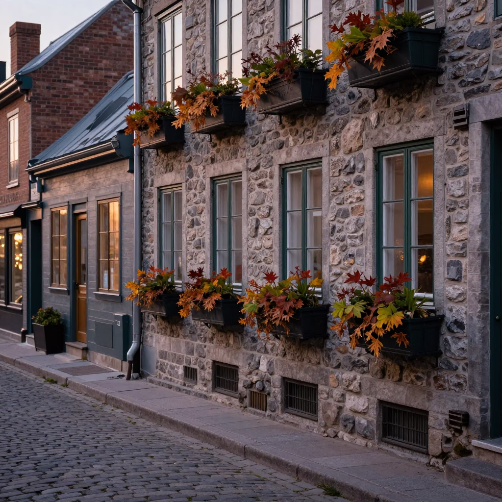 Evening Street Scene in Quebec City with Window Boxes and Urban Life in in Quebec City, Quebec, Canada