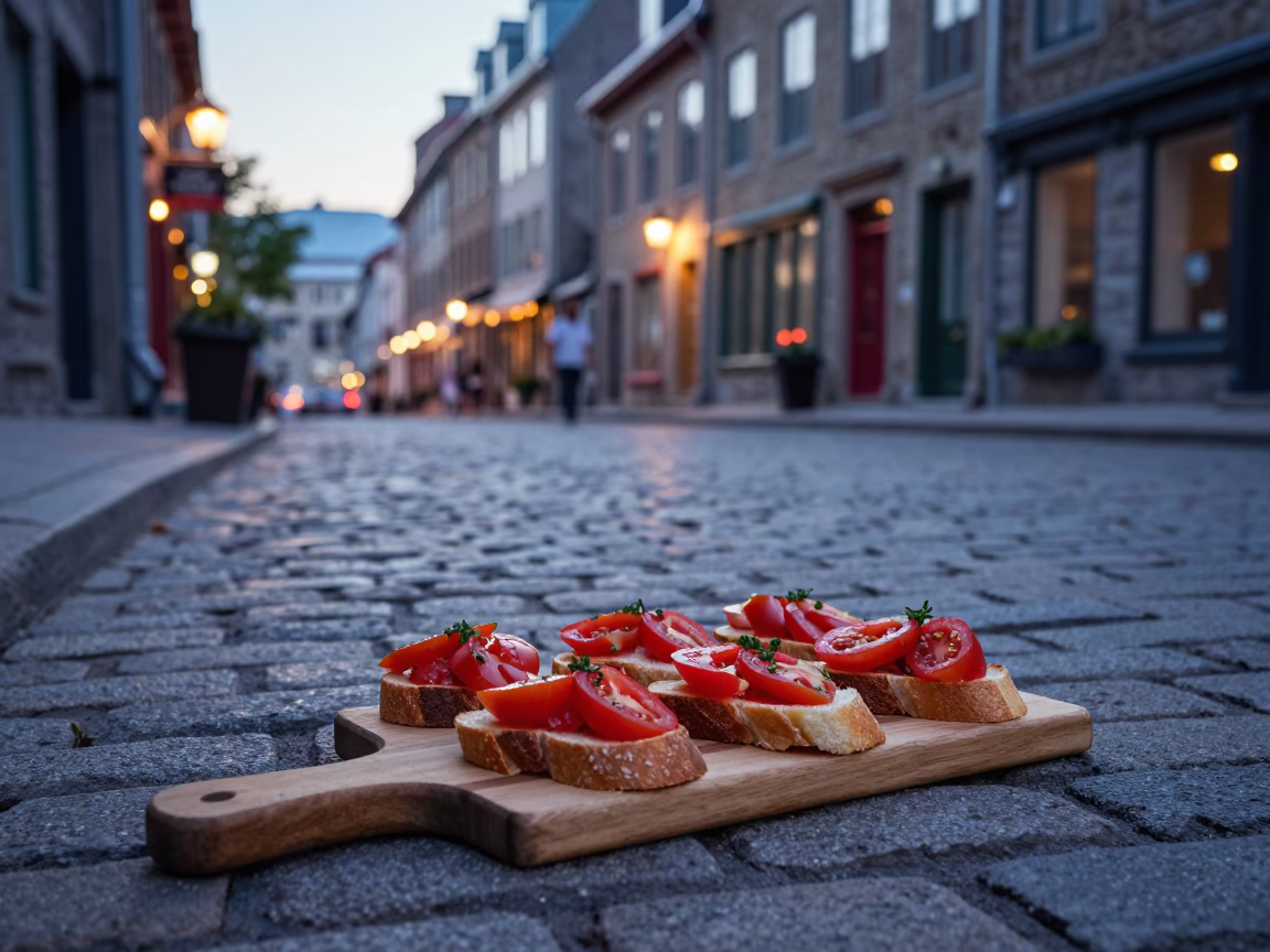 Evening Street Scene in Quebec City with Wooden Board of Bruschetta in in Quebec City, Quebec, Canada
