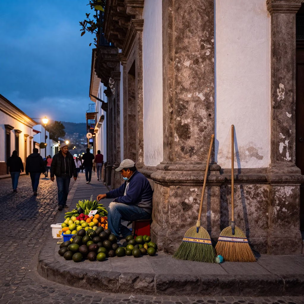 Evening street scene in Quito Ecuador with avocados and brooms in in Quito, Ecuador