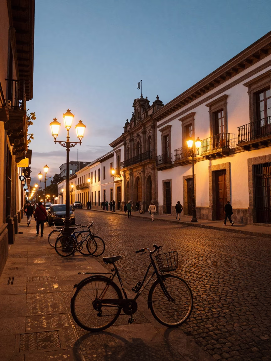 Evening street scene in Quito Ecuador with bicycle and colonial architecture in in Quito, Ecuador