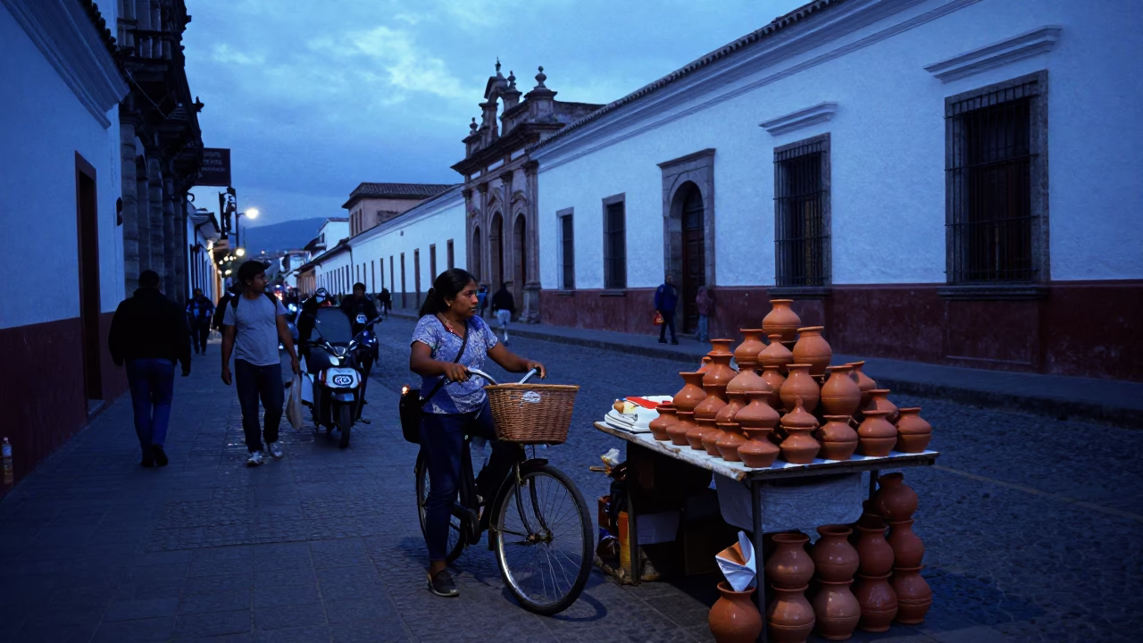 Evening Street Scene in Quito Ecuador with Bicycle Basket and Clay Pot in in Quito, Ecuador
