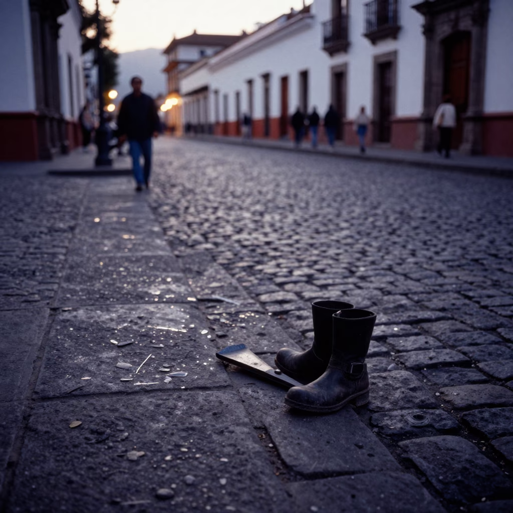 Evening Street Scene in Quito Ecuador with Boot Scraper and Cobblestone Plaza in in Quito, Ecuador